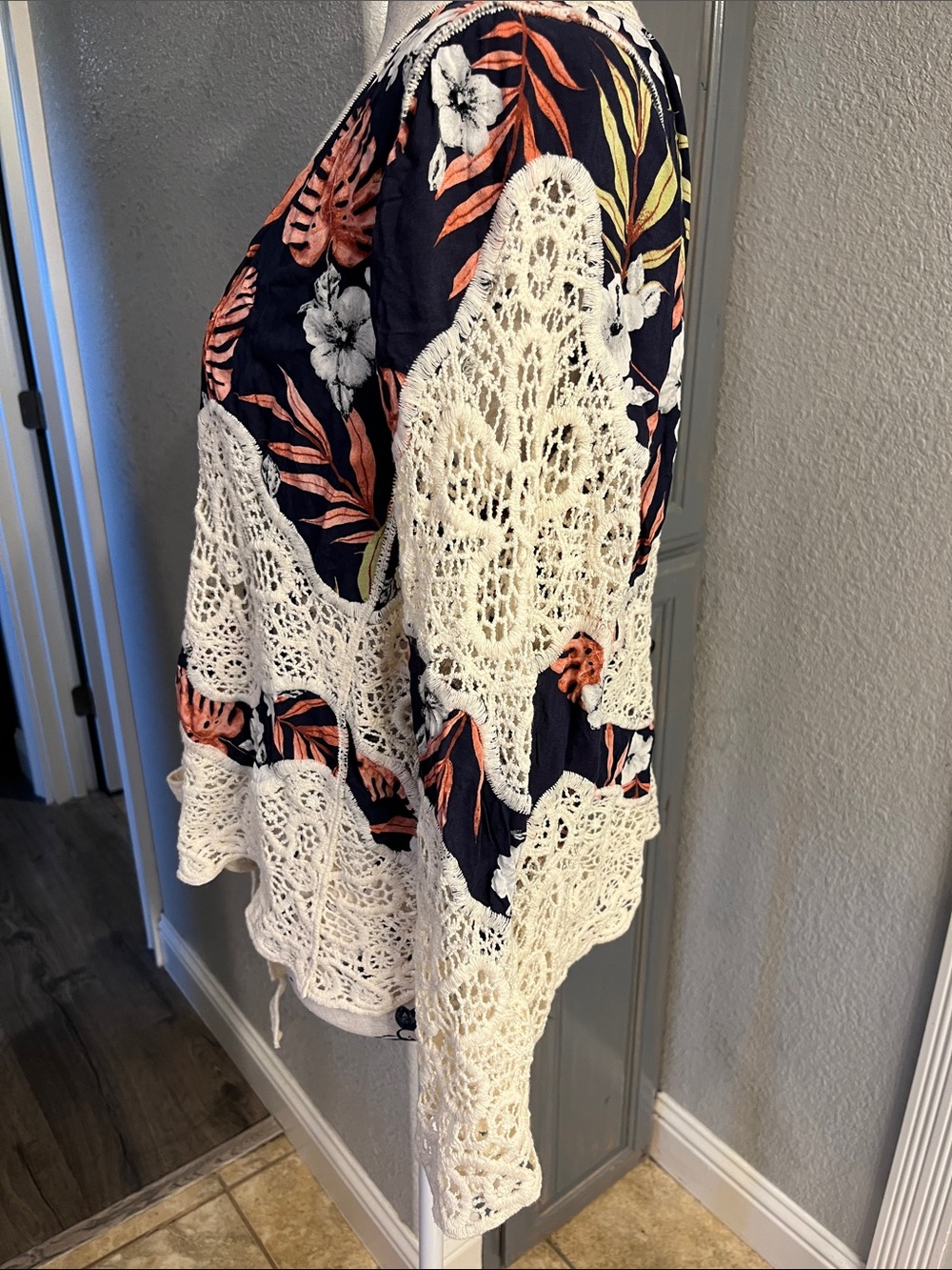 Crochet-Trim Open Front Cardigan Jacket - Navy, Cream & Coral - Picture 2 of 8